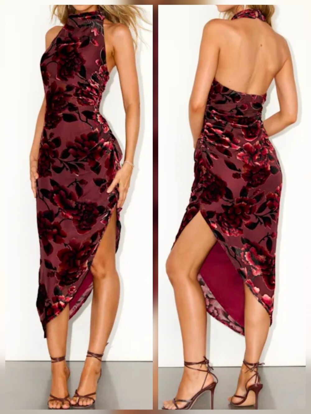 Lulus Evanelle Burgundy Floral Velvet Burnout Asymmetrical Midi Dress - XL